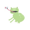 Vector scandinavian animal character illustration. Colorful childish cute jumping frog catch by tongue and eat fly isolated on Royalty Free Stock Photo