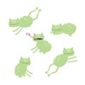 Vector scandinavian animal character illustration set. Colorful childish cute frogs sit, eat, jump, sleep isolated on white Royalty Free Stock Photo