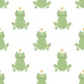 Vector scandinavian animal character seamless pattern. Colorful childish cute royal frog with crown isolated on white background. Royalty Free Stock Photo