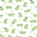 Vector scandinavian animal character seamless pattern. Colorful childish cute royal frogs with crown sit, jump, eat isolated on Royalty Free Stock Photo