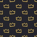 Vector scandinavian crown seamless pattern. Color childish gold silhouette crowns isolated on black background. Baby shower Royalty Free Stock Photo