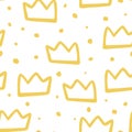 Vector scandinavian crown seamless pattern. Cute childish gold silhouette crowns and handdrawn dots isolated on white background.