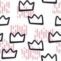 Vector scandinavian crown seamless pattern. Funny childish black silhouette and pink stroke crowns isolated on white background. Royalty Free Stock Photo