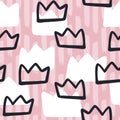 Vector scandinavian crown seamless pattern. Funny childish black silhouette and white crowns isolated on pink strokes background. Royalty Free Stock Photo