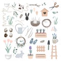 Vector Scandinavian Easter set with spring decor, garden tools, bunny figure, willow branches, eggs, and nest. Season Royalty Free Stock Photo