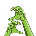 Vector scary green zombie hands in comic style isolated on white background, vector illustration