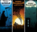 Vector Scary Halloween Banners with Grim Reaper, Bats and tower in woodland