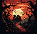vector scary haunted house with full moon. Halloween castle background. creepy river around castle vector illustration Royalty Free Stock Photo