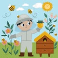 Vector scene with beekeeper honey jar, bee, beehive. Cute kid doing agricultural work icon. Rural country farmer landscape. Child Royalty Free Stock Photo