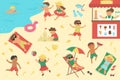 Vector scene with children playing on the beach and doing summer activities. Cute girls and boys swimming, playing ball, Royalty Free Stock Photo