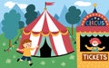 Vector scene with circus marquee, boy running to the ticket box with clown. Street show background. Cute festival illustration
