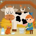 Vector scene with milkmaid. Farmer girl milking cow. Cute kid doing agricultural work. Rural country landscape. Child with cute Royalty Free Stock Photo