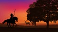 Vector scene of north american indian riding horse at forest edge at sunset Royalty Free Stock Photo