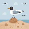 Vector scene with seagull on a background of the sea and sky. Seagull sits on a stone. Vector flat illustration.