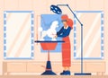 Vector scene with woman groomer cutting white puddle in grooming pets salon. Flat characters with equipment for hairdress and fur