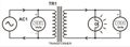 Schematic diagram of an electrical circuit with transformer, lamp, voltage source and voltmeter.