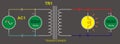 Vector schematic diagram of an electrical circuit with transformer, lamp, voltage source and a voltmeter.