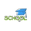 Vector school art stylized lettering with face and a graduate hat symbol education for design. Bright contour