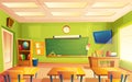 Vector school classroom interior, training room. University, educational concept, blackboard, table college furniture Royalty Free Stock Photo