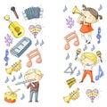 Vector school of music Musical theatre Kindergarten children with music instruments Drum, flute, accordion, trumpet