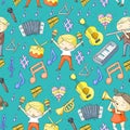 Vector school of music Musical theatre Kindergarten children with music instruments Drum, flute, accordion, trumpet