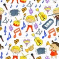 Vector school of music Musical theatre Kindergarten children with music instruments Drum, flute, accordion, trumpet