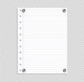 Vector School Notebook Page, Lined Paper Sheet Attached by Realistic Metallic Pin Buttons, Design Element. Royalty Free Stock Photo