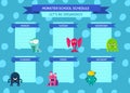 Vector school schedule with ribbons, cartoon monsters on circles background