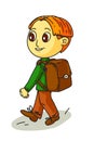 Vector schoolboy with backpack walking on white