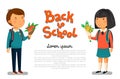 Vector Schoolboy and schoolgirl with Back to school text template. Happy Boy and girl with backpacks holding bouquets of