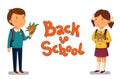 Vector Schoolboy and schoolgirl with Back to school text template.