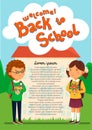 Vector Schoolboy and schoolgirl with welcome text template. Welcome to school banner. Happy Boy and girl with backpacks Royalty Free Stock Photo