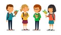 Vector Schoolboy and schoolgirl with welcome text template. Welcomre to school banner. Happy Boy and girl with backpacks Royalty Free Stock Photo