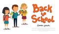 Vector Schoolboy and schoolgirls with Back to school text template. Happy Boy and girl with backpacks holding bouquets