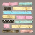 Vector scrapbooking set of colorful sticky washi tapes with torn edges. Collection of gold glitter scotch strips with geometric