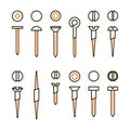 Vector screws nails and wall plugs icon collection. Nuts line set. Constructor elements illustration. Repair bolt Royalty Free Stock Photo