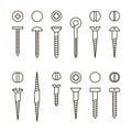 Vector screws nails and wall plugs icon collection. Nuts line set. Constructor elements illustration. Repair bolt Royalty Free Stock Photo