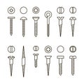 Vector screws nails and wall plugs icon collection. Nuts line set. Constructor elements illustration. Repair bolt Royalty Free Stock Photo