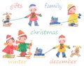 Vector scribble drawings of cheerful active cartoon family with gifts in december