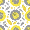 Vector scribbled abstract flowers and textured leaves. Seamless duotone pattern background. Hand drawn scattered yellow