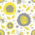 Vector scribbled abstract flowers and textured leaves. Seamless duotone pattern background. Hand drawn scattered yellow