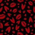 Vector scribbled lips and hearts seamless pattern background. Red black backdrop with pencil drawing style female kiss