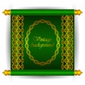 Vector scroll banner in royal luxury Moroccan Arabic style. Golden ribbon floral patterns on a green background.