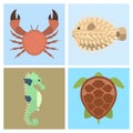 Vector sea animals creatures characters cartoon ocean underwater aquarium life water graphic aquatic tropical beasts Royalty Free Stock Photo