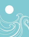Vector sea big waves and sun blue poster illustration. Abstract Sea ocean big blue waves background for text