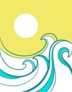 Vector sea big waves and sun poster illustration. Abstract Sea ocean big blue waves background for text Royalty Free Stock Photo