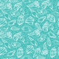 Vector sea pattern. Summer background with shell elements. Repeating print background texture.