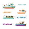 Vector sea or river boats set in flat style Royalty Free Stock Photo