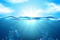 Vector sea underwater sunbeam blue sky clouds Royalty Free Stock Photo