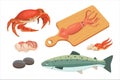 Vector Seafood illustrations set flat fresh fish and crab. Lobster and oyster, shrimp and menu, octopus animal